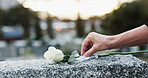 Hand, tombstone and rose in cemetery with funeral, remembrance and burial ceremony for final goodbye. Gravestone, flower and person in graveyard outdoor with memorial service, mourning and respect.