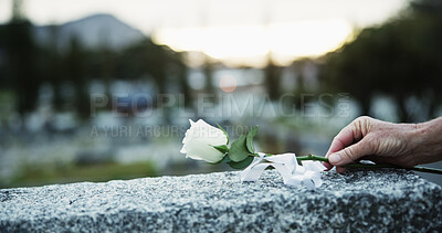 Buy stock photo Hand, tombstone and rose in graveyard with funeral, remembrance and burial ceremony for final goodbye. Space, flower and person in cemetery outdoor with gravestone, memorial service and mourning.
