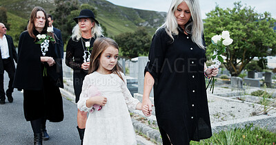 Buy stock photo Holding hands, grandmother and girl in graveyard, sad and emotions for grief, bereavement and loss. Family, granny or grandchild with support for funeral, people or burial for death, comfort or roses