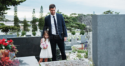 Buy stock photo Father, child and hug in graveyard with tombstone, funeral support and burial ceremony for family. Man, daughter and embrace in cemetery outdoor with sympathy, compassion and gravestone for memorial.