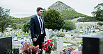 Sad, man and funeral in graveyard with tombstone, bible and spiritual for burial ceremony of loved one. Christian, person and mourning in cemetery outdoor with gravestone, grief and memorial service.