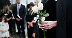 Woman, hand and white rose in cemetery with funeral, remembrance and burial ceremony for final goodbye. Person, flower and family in graveyard outdoor with memorial service, mourning and bereavement.