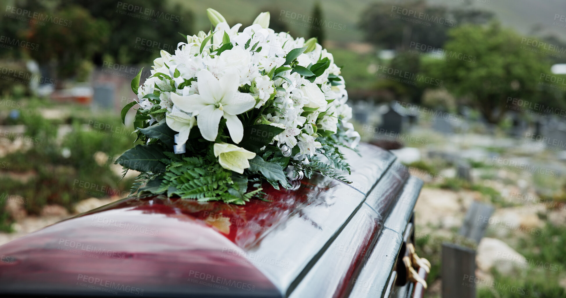 Buy stock photo Coffin, flowers and funeral in graveyard with death, remembrance or burial ceremony for final goodbye. Casket, floral bouquet and memorial service in cemetery outdoor with honor, tribute or tradition