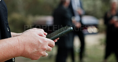Buy stock photo Funeral, hands and woman in graveyard, smartphone for online chatting and post for memory. Family, mobile user and person in cemetery, cellphone and message to contact, connection and communication