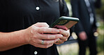 Funeral, hands and woman in graveyard, cellphone for online chatting and post for memory. Family, sad and person in cemetery, smartphone or message to contact or picture to remember, loss or internet
