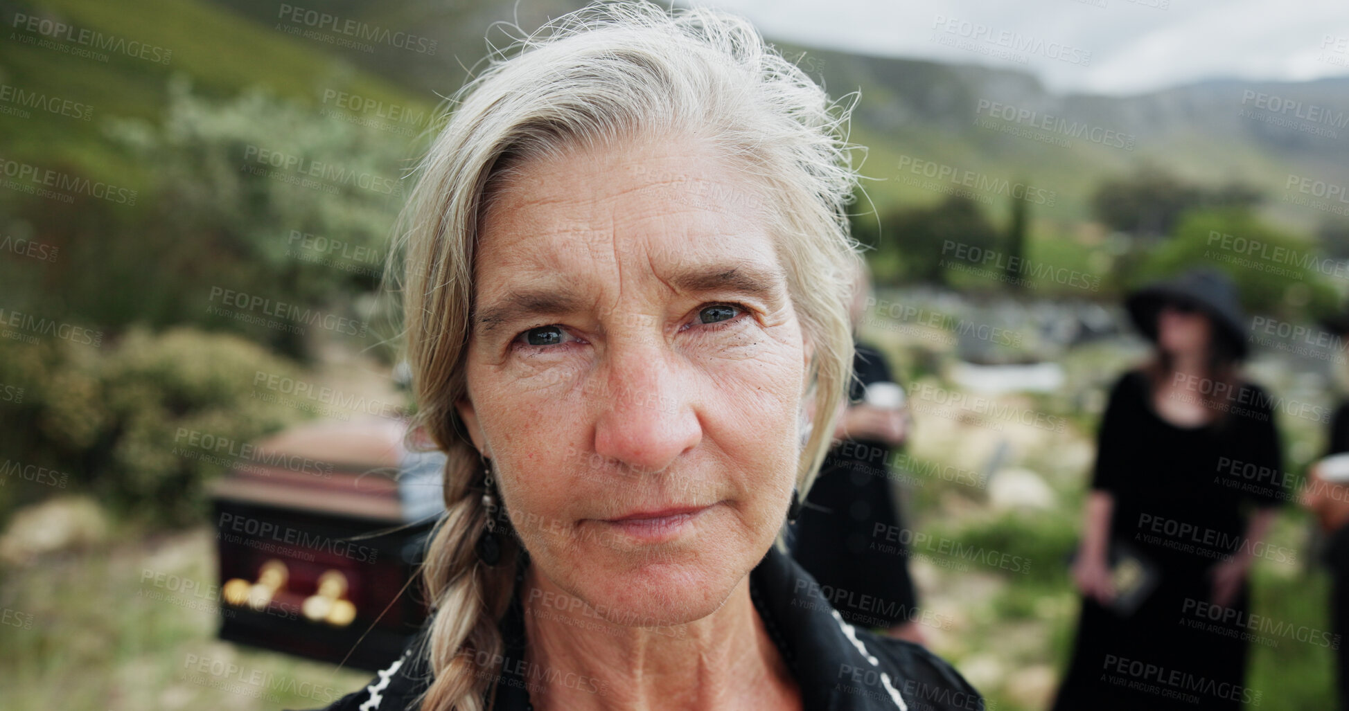Buy stock photo Portrait, grief and old woman in graveyard with funeral, people mourning and sad for burial ceremony. Senior person, death or sorrow at cemetery outdoor with memorial service, bereavement or farewell