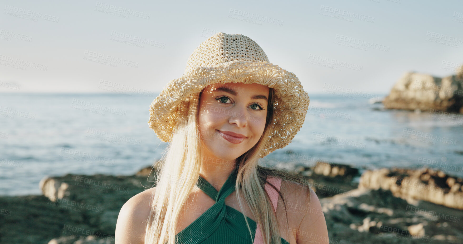 Buy stock photo Travel, sunhat and portrait of woman at beach for summer vacation, relax and tropical adventure. Happiness, weekend break and getaway trip with female person outdoor for tourism, island and coastline