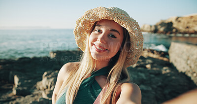 Buy stock photo Selfie, travel and portrait with woman at beach for influencer, social media post and summer vacation. Content creator, photography and tourist with person for profile picture and status update