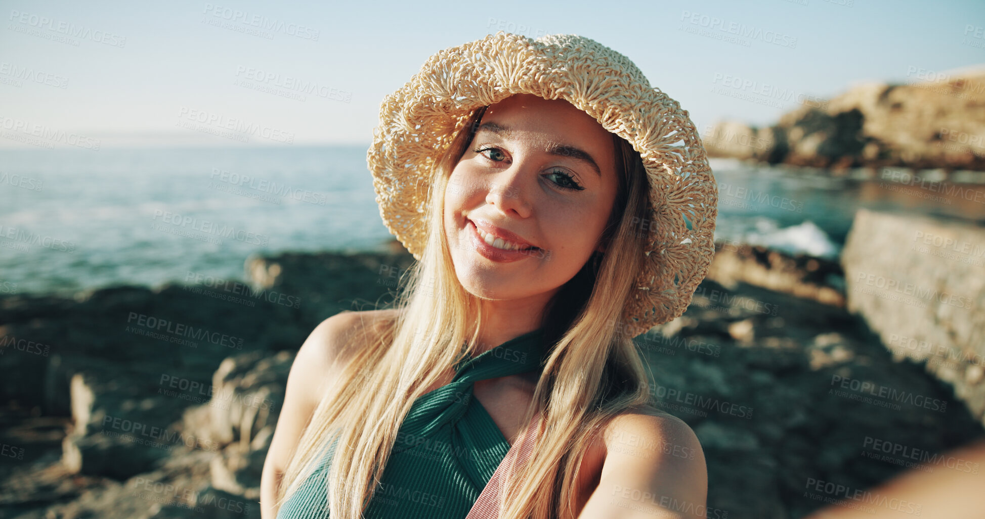 Buy stock photo Selfie, travel and portrait with woman at beach for influencer, social media post and summer vacation. Content creator, photography and tourist with person for profile picture and status update