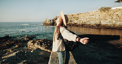 Buy stock photo Travel, celebration and peace with woman at beach for summer vacation, freedom and adventure. Holiday getaway, tropical island and wellness with person outdoor for excited, goal and weekend break