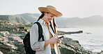 Smile, texting and phone with woman at beach for travel blogger, social media and summer vacation post. Communication, online holiday guide and contact with person outdoor for tourism and chat