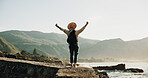 Travel, back and excited with woman at beach for summer vacation, freedom and adventure. Holiday getaway, tropical island and wellness with person for celebration, inspiration and weekend break