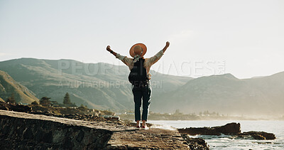Buy stock photo Travel, back and excited with woman at beach for summer vacation view, freedom and adventure. Holiday getaway, tropical island and arms up with person for celebration, inspiration and weekend break