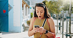 Surprise, woman and phone with shocking news in city for winning, notification or deal. Female person, tourist or winner with mobile smartphone, app or wow for bonus, nomination or lucky draw in town