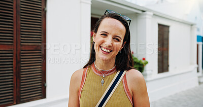 Buy stock photo Portrait, woman and smile in town with summer holiday, weekend getaway or travel for tourist adventure. Happy, female person and outdoor with downtown exploration, positive attitude or vacation trip.