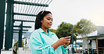 Woman, smile and typing in city with phone, social media update and notification for text message. Happy, person and scroll outdoor in urban town with tech, browsing website and online dating app.