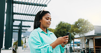 Buy stock photo Woman, smile and typing in city with phone, social media update and notification for text message. Happy, person and scroll outdoor in urban town with tech, browsing website and online dating app.