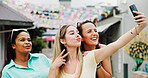 Happy women, travel and peace sign with selfie for outdoor memory, photography or picture together. Female people, friends or smile with capture moment for tourism, holiday vacation or trip in town
