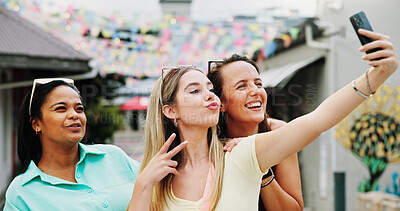 Buy stock photo Happy women, travel and peace sign with selfie for outdoor memory, photography or picture together. Female people, friends or smile with capture moment for tourism, holiday vacation or trip in town