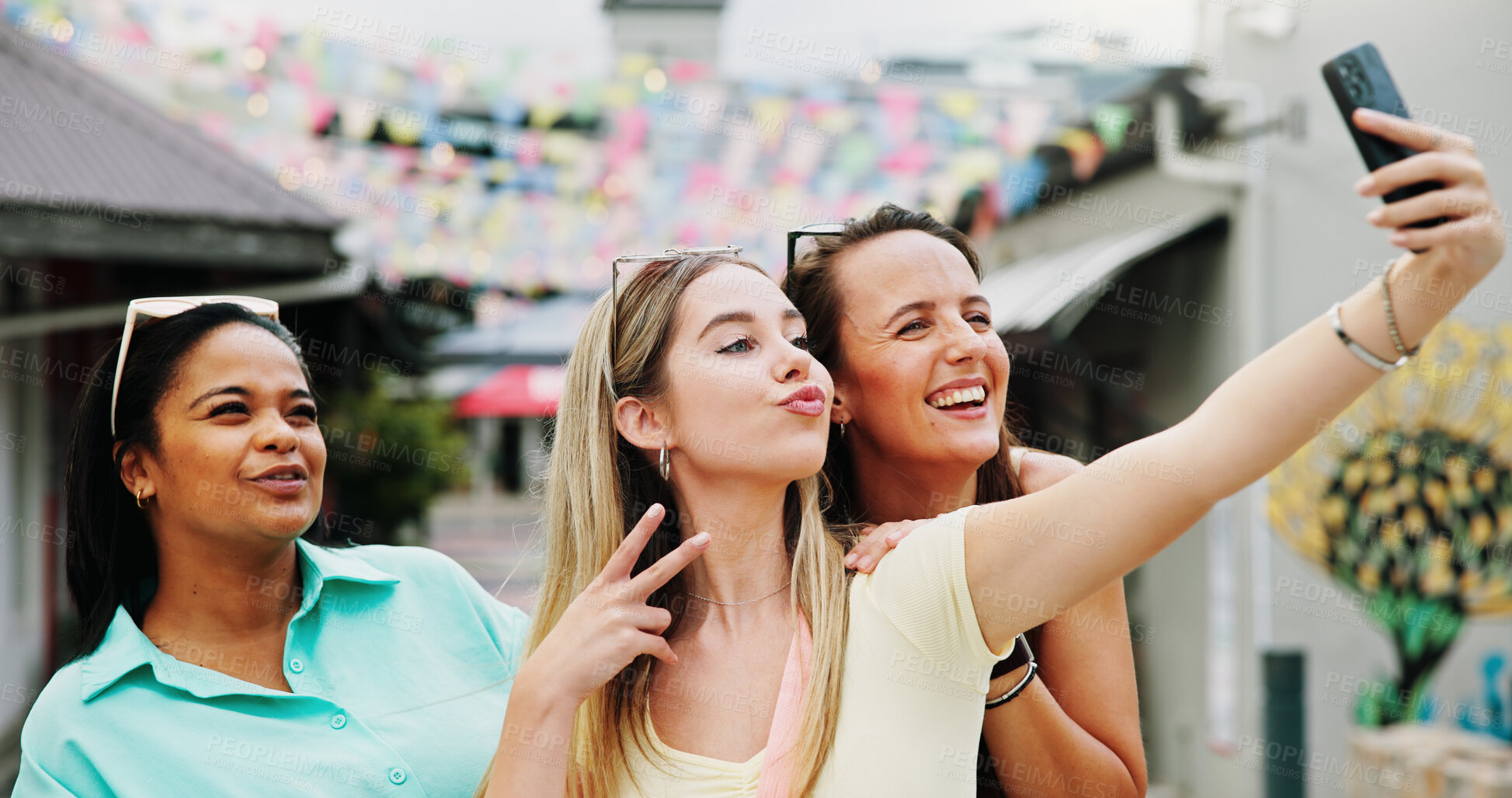 Buy stock photo Happy women, travel and peace sign with selfie for outdoor memory, photography or picture together. Female people, friends or smile with capture moment for tourism, holiday vacation or trip in town
