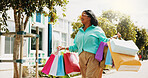 Shopping bag, sale and happy with woman in city for black Friday deal, gift and discount. Savings, promotion and boutique product with person outdoor for vip customer, smile and retail therapy
