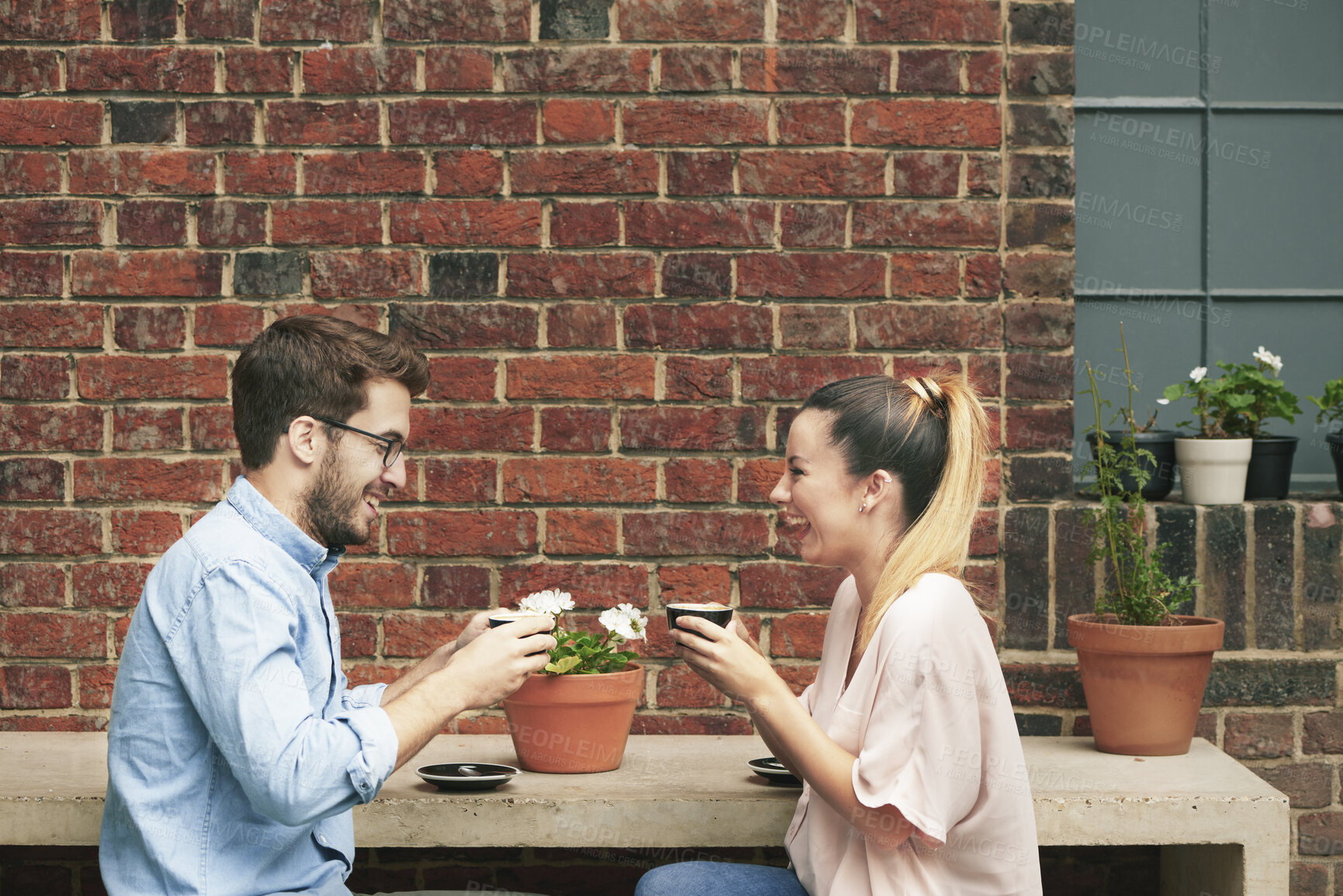Buy stock photo Coffee, laughing and love with couple outdoor of home together for bonding or conversation. Dating, drink and funny with happy people in house backyard for connection, humor or relationship security