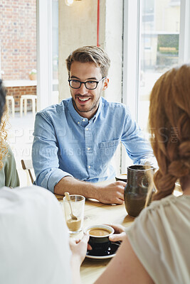 Buy stock photo Conversation, coffee and man with friends in cafe for bonding, catch up or social gathering. Happy, talking and male person with people in morning with discussion or connection in restaurant.
