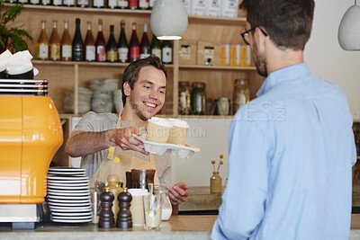 Buy stock photo Barista, coffee and takeaway order with man in cafe for collection, hospitality or service. Giving, smile and to go with waiter serving customer at restaurant for pickup in small business startup