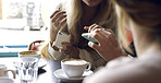 People, hands and phone with coffee in cafe for social media, communication or online news. Group, friends or network with mobile smartphone for internet or conenction together in restaurant or shop