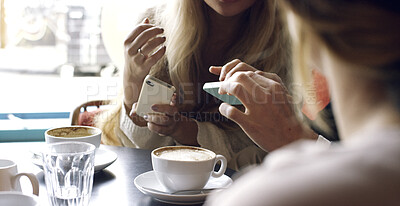 Buy stock photo People, hands and phone with coffee in cafe for social media, communication or online news. Group, friends or network with mobile smartphone for internet or connection together in restaurant or shop
