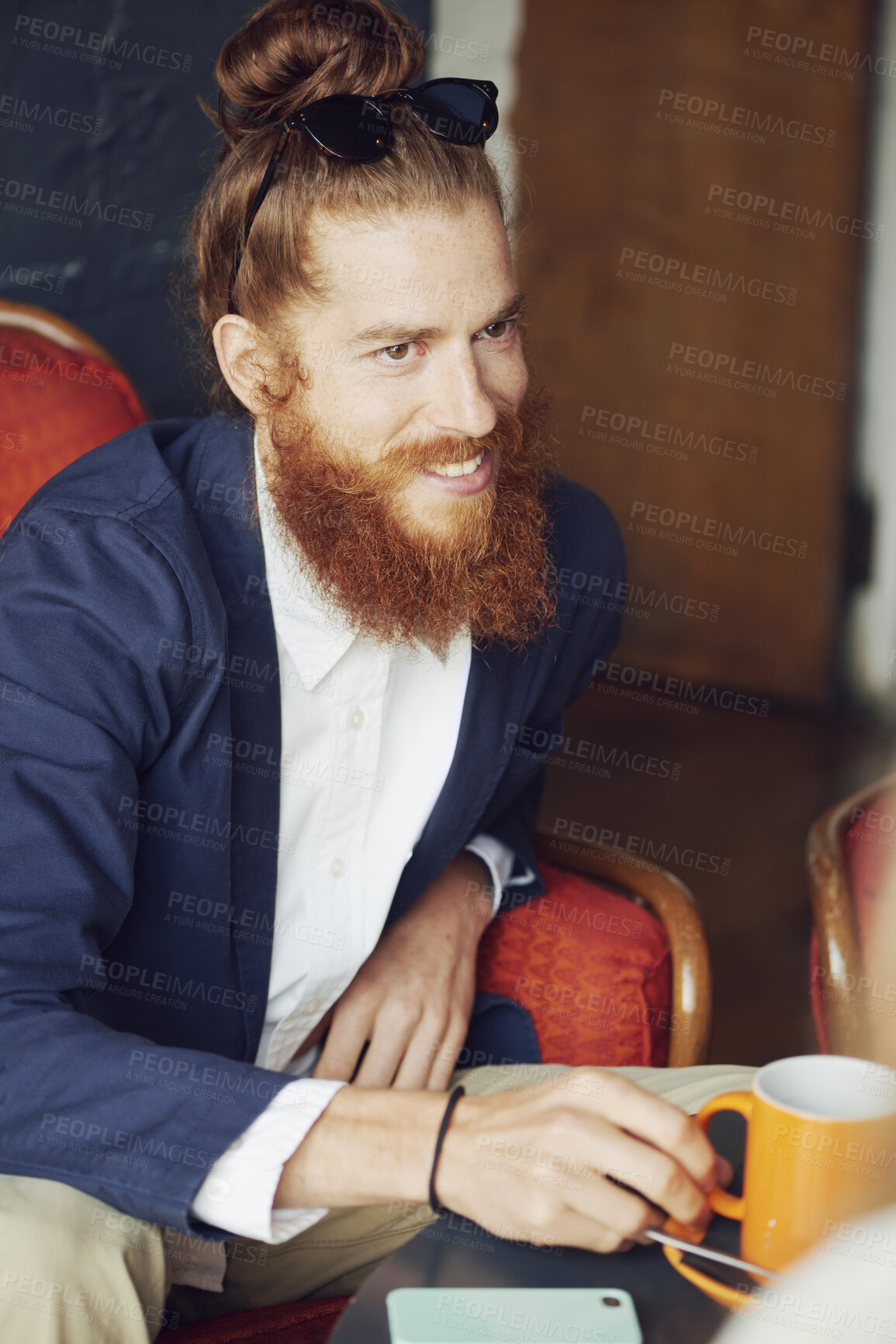 Buy stock photo Business, smile and man in cafe, meeting for project proposal and conversation for schedule. Discussion, agent and person in coffee shop, brainstorming for startup growth and planning for teamwork