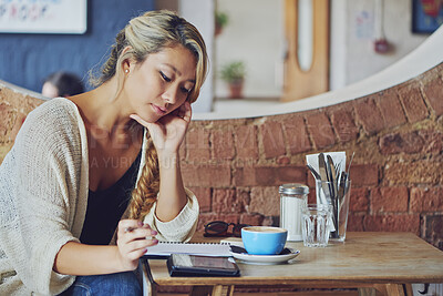 Buy stock photo Planning, remote work and woman with tablet in coffee shop, reading feedback and research for script. Review, freelance and writer with tech for screenplay revision, plot idea and creativity in cafe