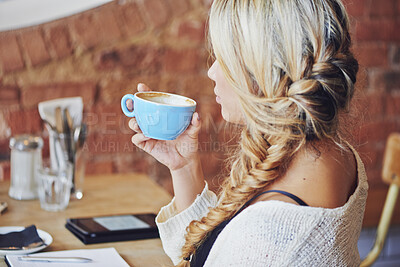Buy stock photo Relax, thinking and woman in coffee shop with cup, break and morning drink in restaurant. Reflection, memory and female customer in cafe with cappuccino, inspiration and wellness with hot beverage