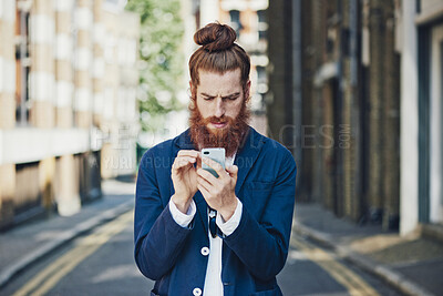 Buy stock photo Texting, frustrated and man in city with phone, message mistake and bad reaction to internet news. Digital, typing and person with tech, connection issue or negative headline on virtual platform.
