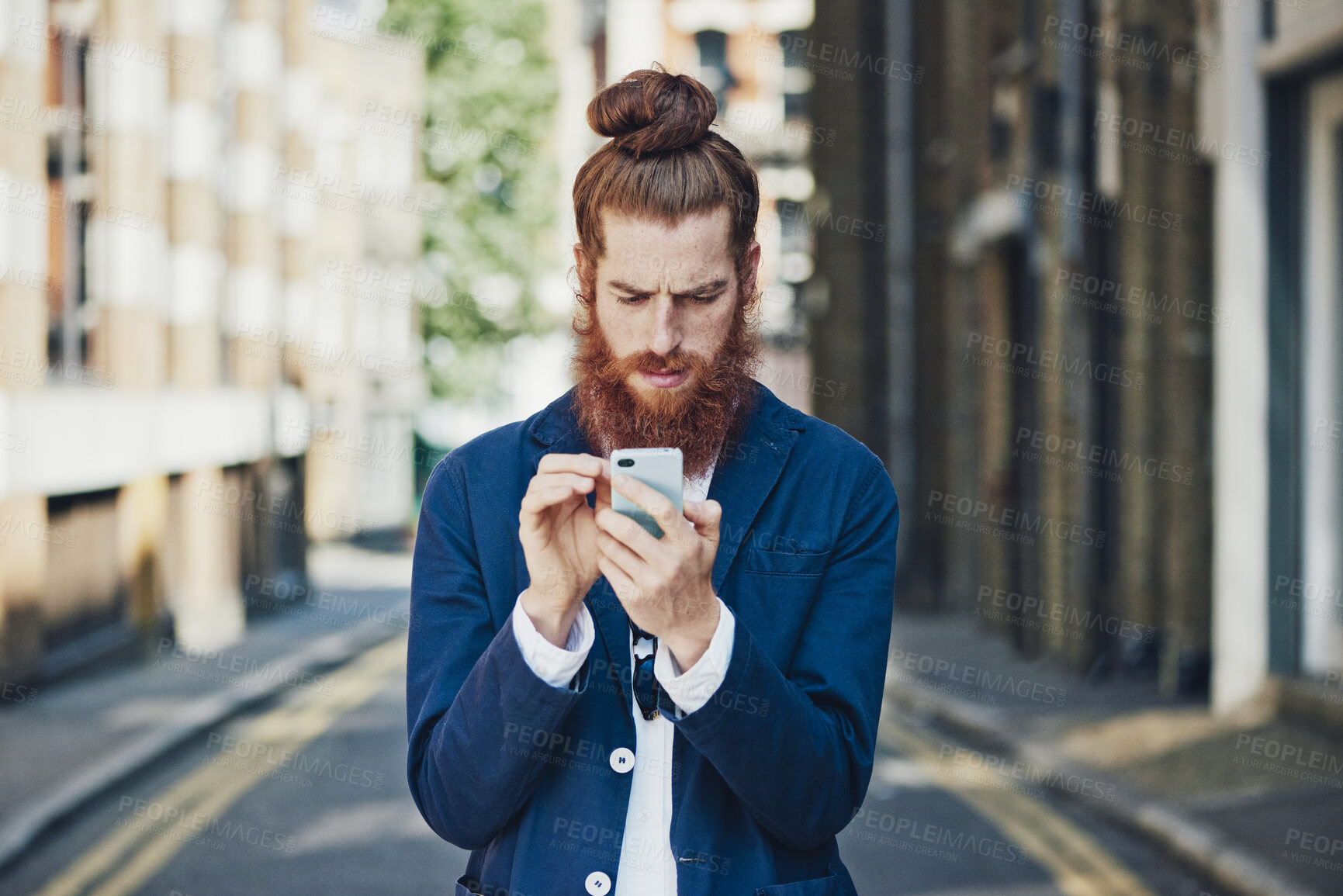 Buy stock photo Texting, frustrated and man in city with phone, message mistake and bad reaction to internet news. Digital, typing and person with tech, connection issue or negative headline on virtual platform.
