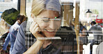 Window, happy and woman in cafe with thinking on holiday, getaway or weekend trip in morning. Smile, memory and female person with planning outing in coffee shop, diner or restaurant on vacation.