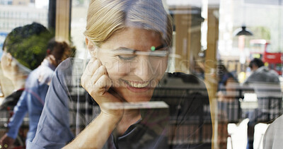 Buy stock photo Window, happy and woman in cafe with thinking on holiday, getaway or weekend trip in morning. Smile, memory and female person with planning outing in coffee shop, diner or restaurant on vacation.