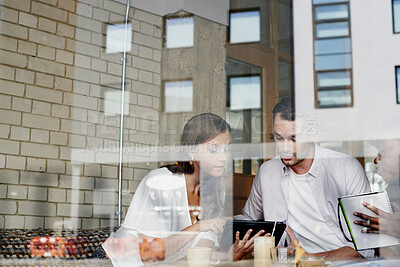 Buy stock photo Window, discussion and business people with tablet in cafe for planning creative project together. Technology, review and magazine editor with manager for feedback on publishing in coffee shop.