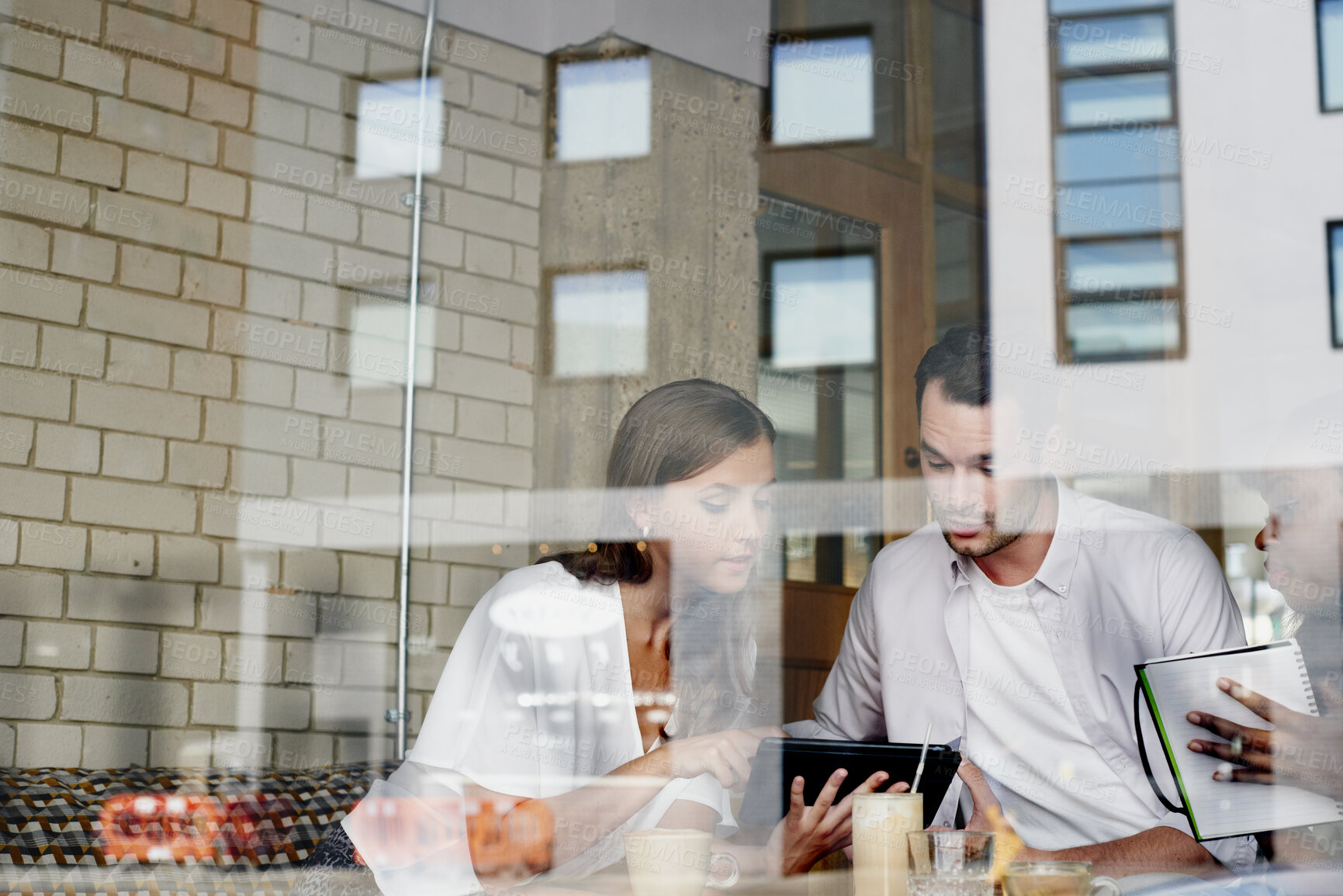 Buy stock photo Window, discussion and business people with tablet in cafe for planning creative project together. Technology, review and magazine editor with manager for feedback on publishing in coffee shop.