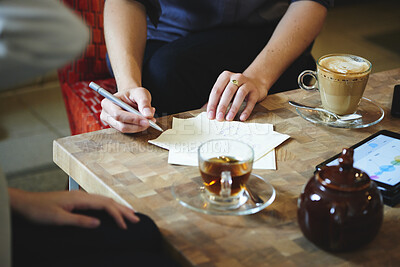 Buy stock photo People, hands and meeting with flow chart in coffee shop for small business management or planning. Group, employees or discussion with documents, graph or tablet for brainstorming tasks in cafe