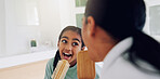 Mom, girl and singing with brush in bathroom for fun grooming or spa day together in home. Mother, child or bonding with vibe, haircare or playful karaoke for beauty, love or salon treatment in house
