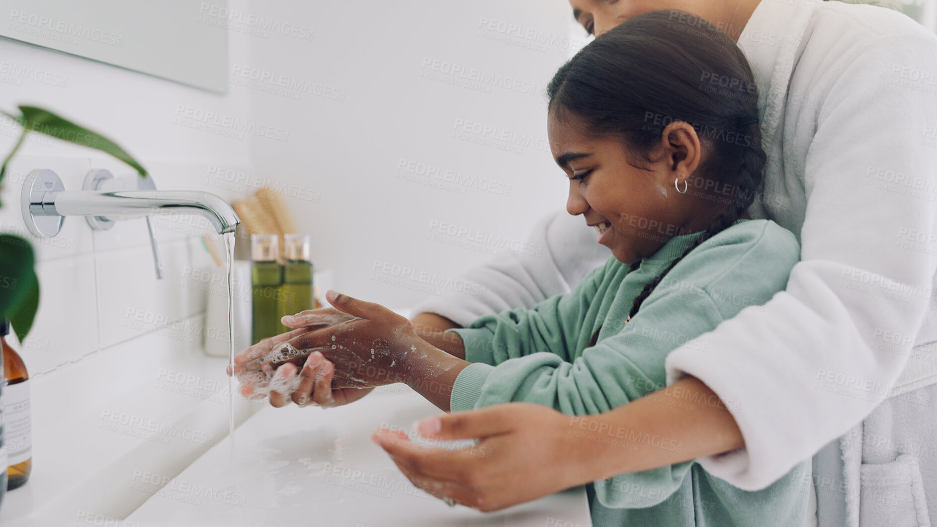 Buy stock photo Mom, child and washing hands with soap in bathroom sink for cleaning, disinfection or hygiene. Mother, daughter or girl rinsing with water, tap or faucet for bacteria, germs or dirt removal in home