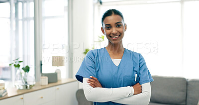 Buy stock photo Portrait, nurse and happy woman in nursing home with arms crossed, healthcare and wellness service. Smile, confidence and caregiver in house for homecare support, about us and medical professional