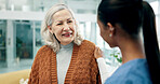 Support, nurse and senior woman in home for homecare, assisted living and healthcare service. Smile, comfort and elderly person with caregiver in lounge for trust, medical advice and retirement