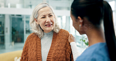 Buy stock photo Support, nurse and senior woman in home for homecare, assisted living and healthcare service. Smile, comfort and elderly person with caregiver in lounge for trust, medical advice and retirement