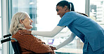 Wheelchair, nurse and support with old woman in home for homecare, assisted living and healthcare. Caregiver, comfort and elderly person with disability in house, medical help and smile in retirement