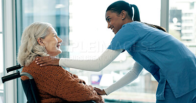 Buy stock photo Wheelchair, nurse and support with old woman in home for homecare, assisted living and healthcare. Caregiver, comfort and elderly person with disability in house, medical help and smile in retirement