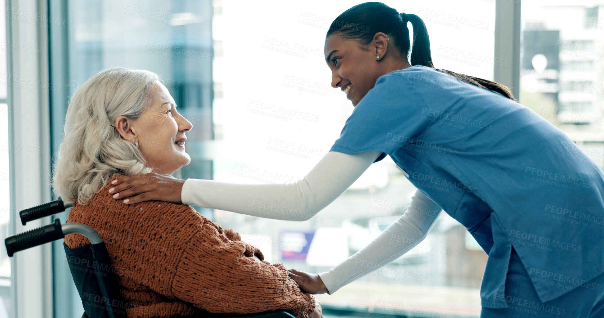 Buy stock photo Wheelchair, nurse and support with old woman in home for homecare, assisted living and healthcare. Caregiver, comfort and elderly person with disability in house, medical help and smile in retirement