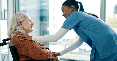 Buy stock photo Wheelchair, nurse and comfort with old woman in home for homecare, assisted living and healthcare. Caregiver, support and elderly person with disability in house, medical help and smile in retirement