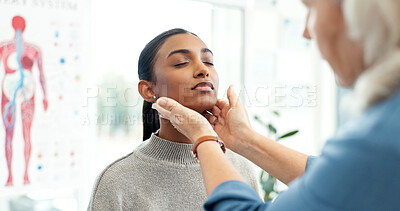 Buy stock photo Checkup, medical and neck with woman in doctor office for appointment or assessment. Checking, inflammation and lymph nodes of patient with hands of healthcare professional on throat for infection